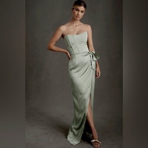 New V. Chapman June Strapless corset wrap tie dress with slit in sage green